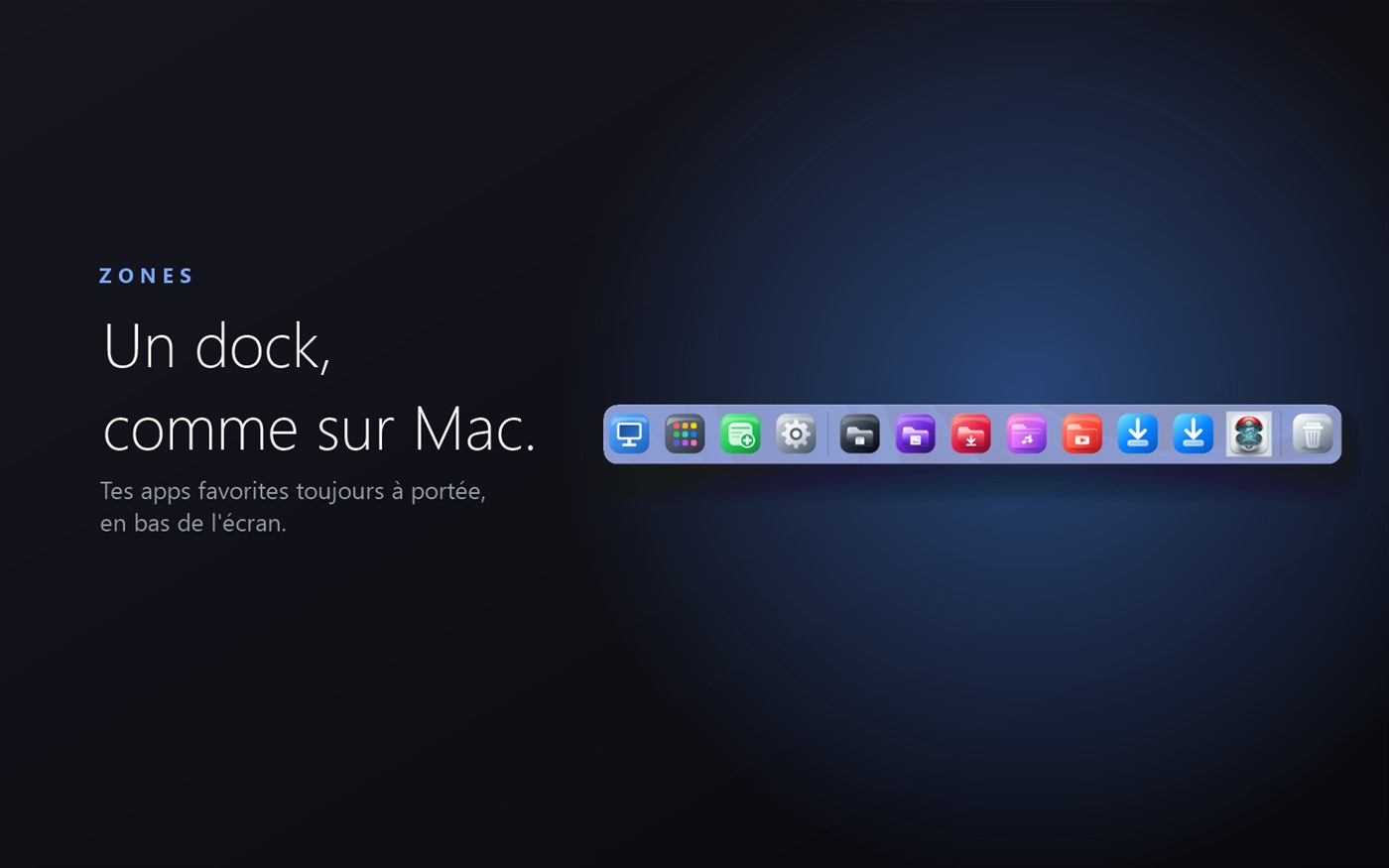 Le dock façon macOS de Zones, en bas de l'écran